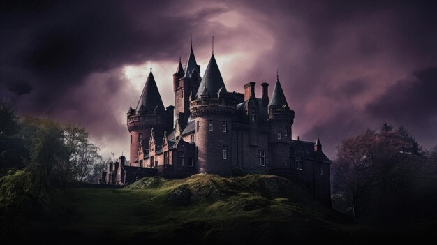 Photo a photo of a spooky castle with a stormy sky backdrop dramatic lighting