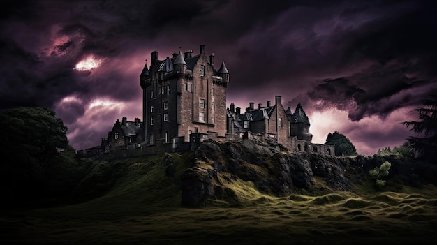 Photo a photo of a spooky castle with a stormy sky backdrop dramatic lighting