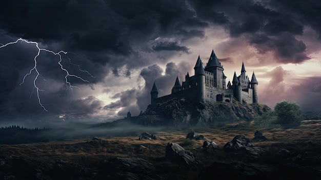 A photo of a spooky castle with a stormy sky backdrop dramatic lighting
