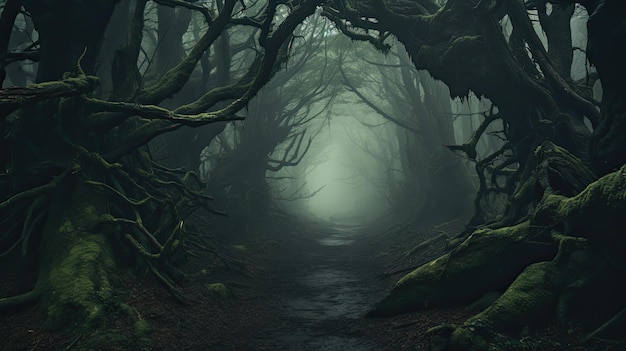 A photo of a spooky forest with twisted trees eerie mist