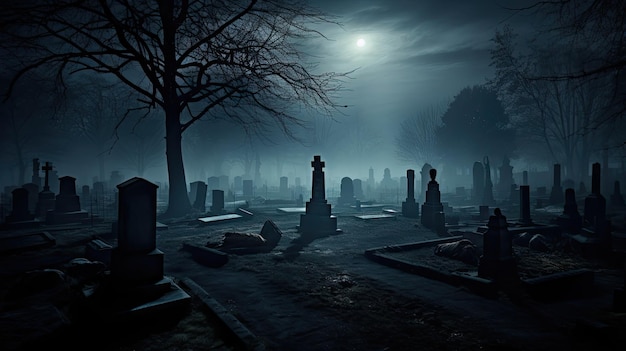 A photo of a spooky graveyard foggy night backdrop