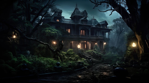 A photo of a spooky mansion with overgrown gardens flickering torchlight