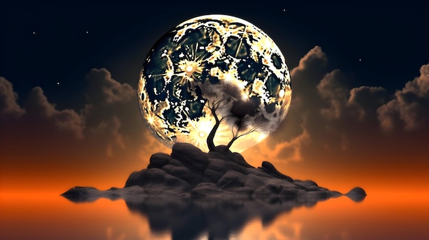 фото жуткого дерева на фоне большой луны