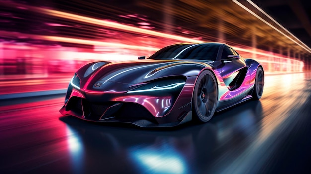 Photo of sports car accelerating on a neon highway Powerful acceleration of a supercar on a night track with lights and tracks Car lights at night long exposure