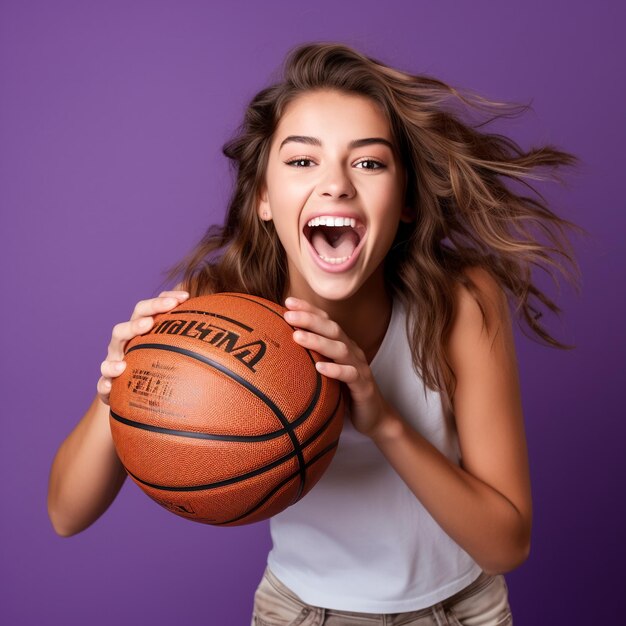 Photo of a sports fan girl excited and holding a ball in front of a purple wall