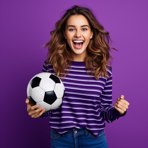 Photo of a sports fan girl excited and holding a ball in front of a purple wall