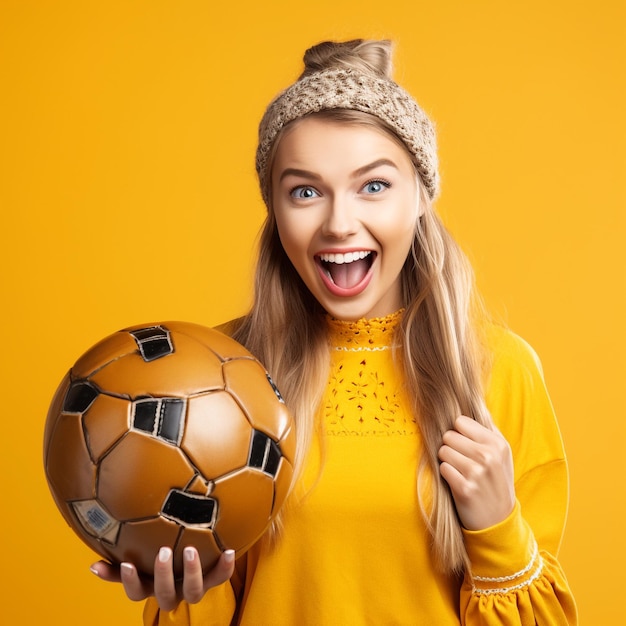 Photo of a sports fan girl excited and holding a ball in front of a yellow wall