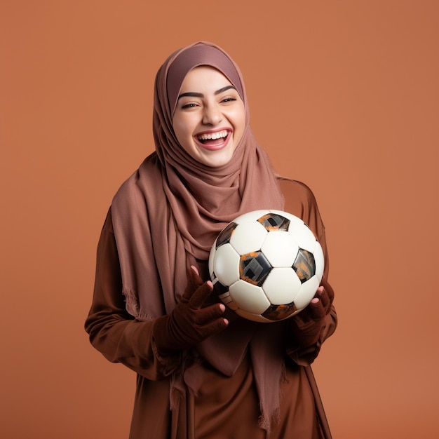photo of a sports fan girl wearing hijab excited and holding a ball in front of a brown wall