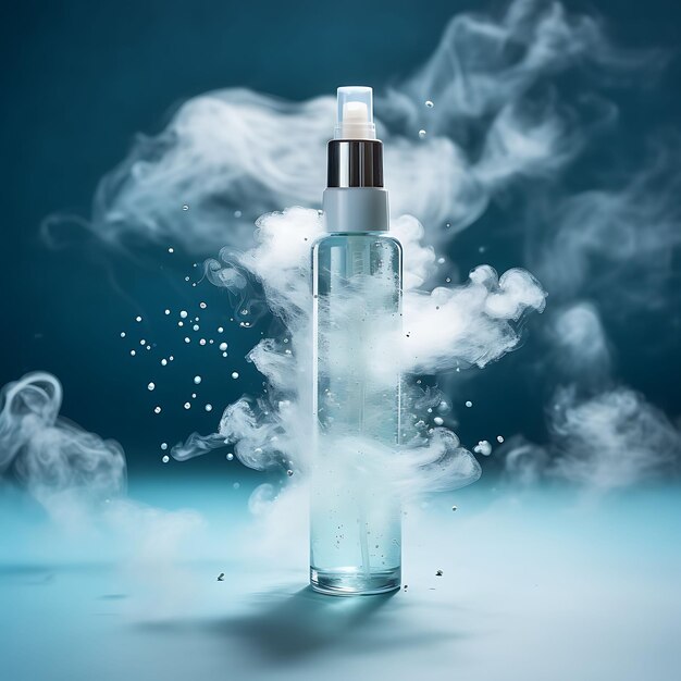 Photo of Spray Bottle Cosmetic Surrounded by Misty Clouds Floating in Cosmetic Packaging Concept