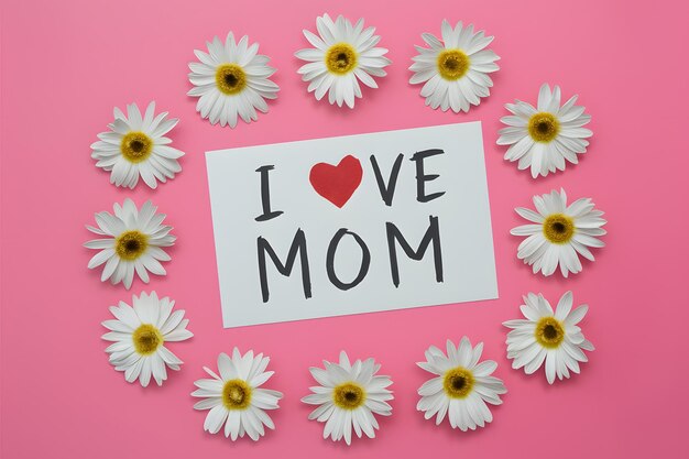 Photo photo spring flowers and i love mom note on pink background