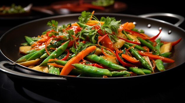 Photo of spring vegetable stirfry as a dish in a highend restaurant