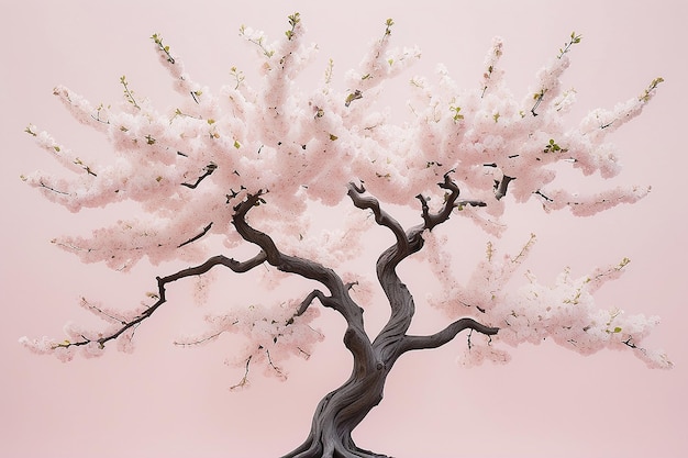 photo of spring white cherry blossom tree on pastel pink wooden background