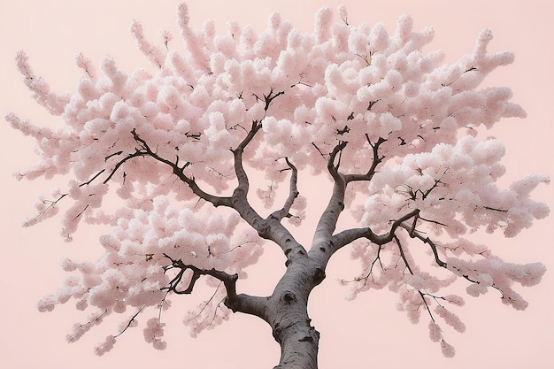 photo of spring white cherry blossom tree on pastel pink wooden background