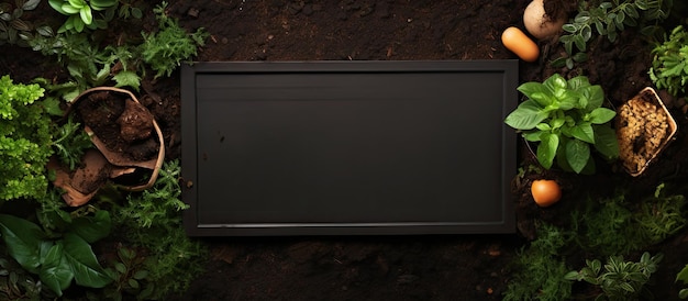 Photo of a square black plate with green plants surrounding it with copy space