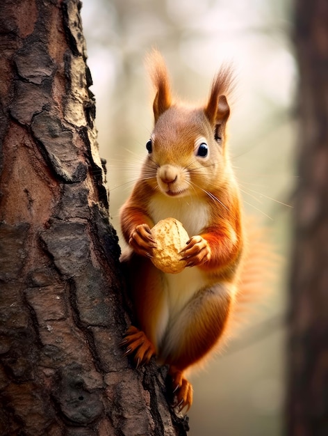 Photo of a squirrel eating nuts on a tree