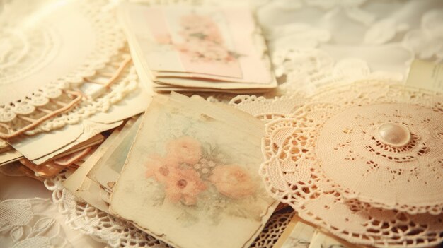 Photo a photo of a stack of antique postcards on a lace doily soft window light