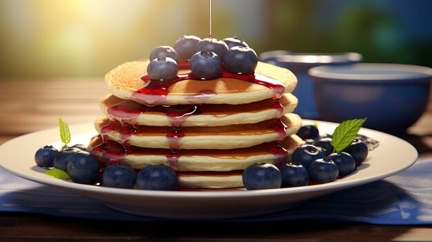 A photo of a stack of blueberry pancakes