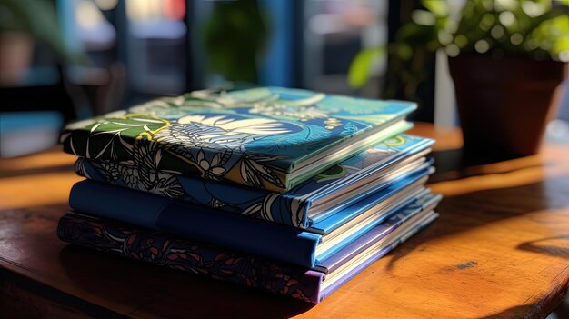 A photo of a stack of bold patterned notebooks cozy cafe backdrop