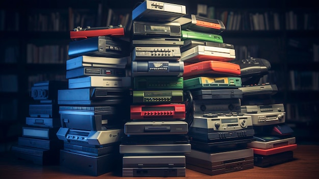 A photo of a stack of classic video game consoles for sale