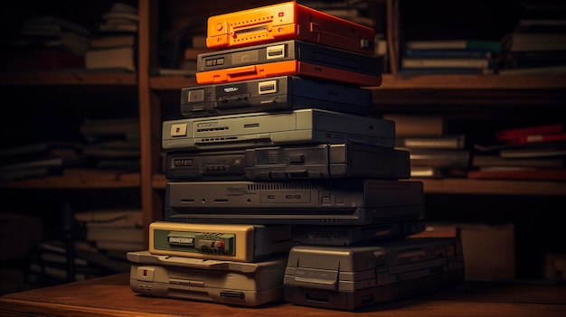 A photo of a stack of classic video game consoles for sale