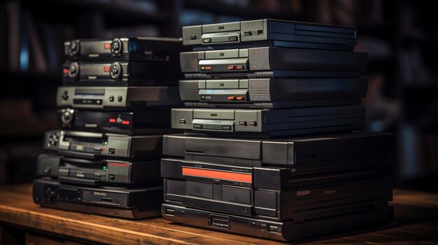 A photo of a stack of classic video game consoles for sale