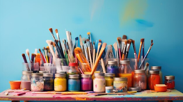 A photo of a stack of colorful art supplies artist studio backdrop