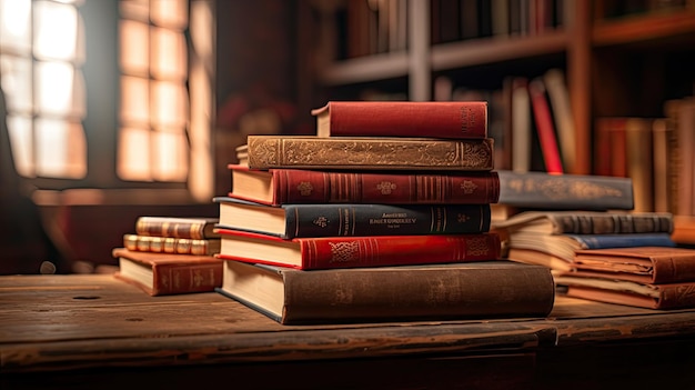 Photo a photo of a stack of colorful books cozy library backdrop