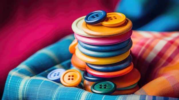 Foto una foto di una pila di bottoni colorati sullo sfondo di denim