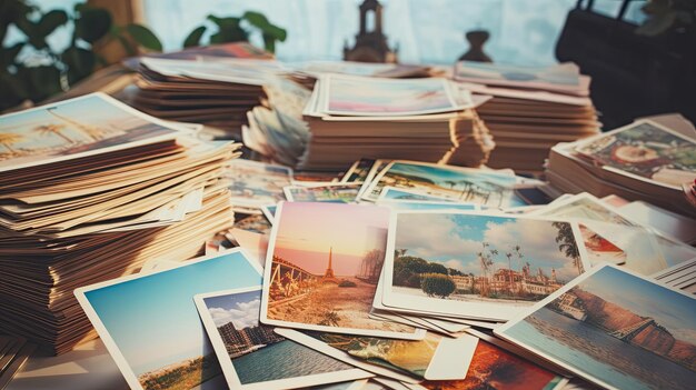 色とりどりのポストカードのスタックの写真ヴィンテージ旅行の背景