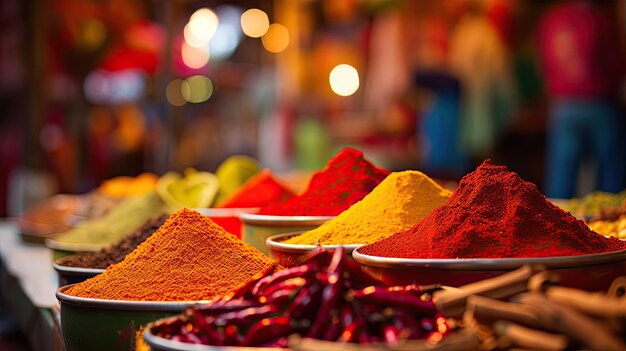 A photo of a stack of colorful spices in a market bustling city backdrop