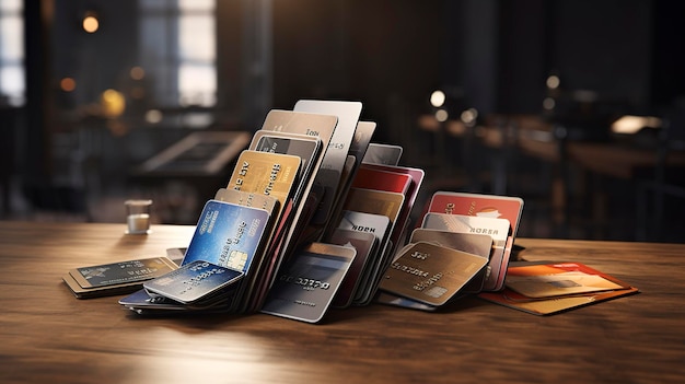 A photo of a stack of credit cards on a desk