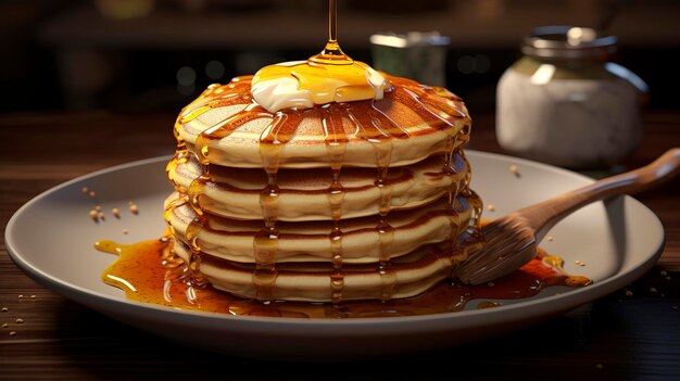 A photo of a stack of fluffy pancakes drizzled with syrup