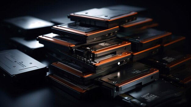 A photo of a stack of hard drives