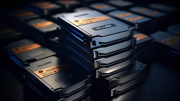 A photo of a stack of hard drives