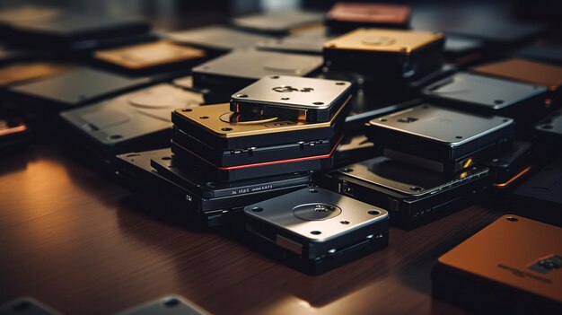 A photo of a stack of hard drives