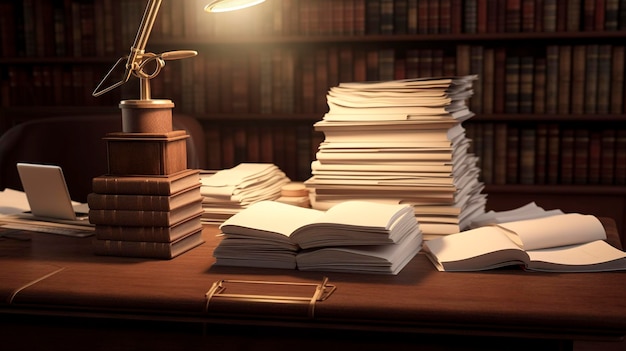 A photo of a stack of legal pads and a classic desk lamp