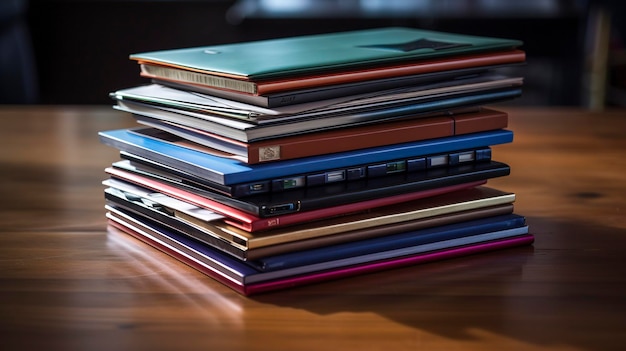 A photo of a stack of notebooks and planners