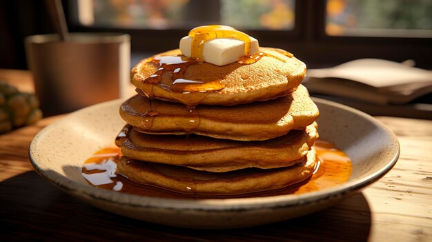 A photo of a stack of pumpkin spice pancakes