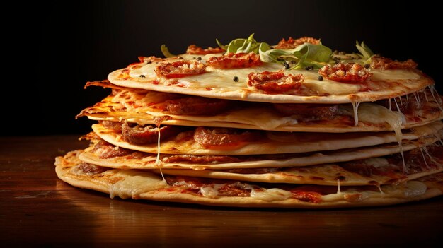 A photo of a stack of thincrust pizza