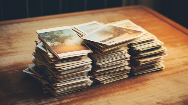 A photo of a stack of vintage postcards soft window light