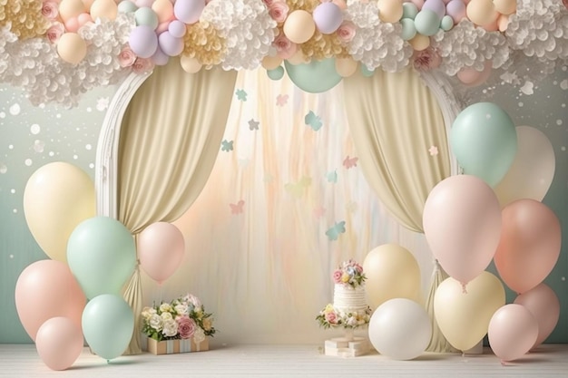 A photo of a stage with balloons and a cake.