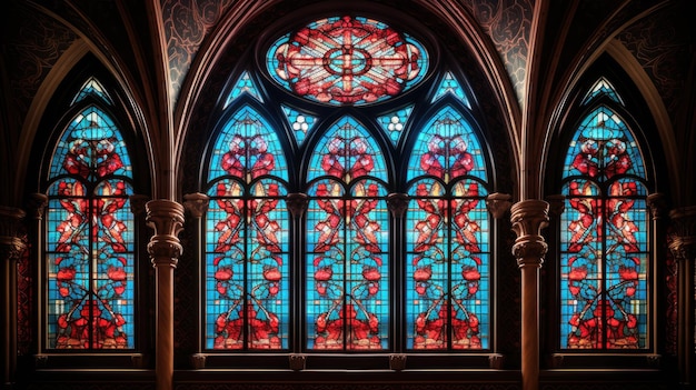 A photo of a stained glass window in a cathedral ornate interior backdrop