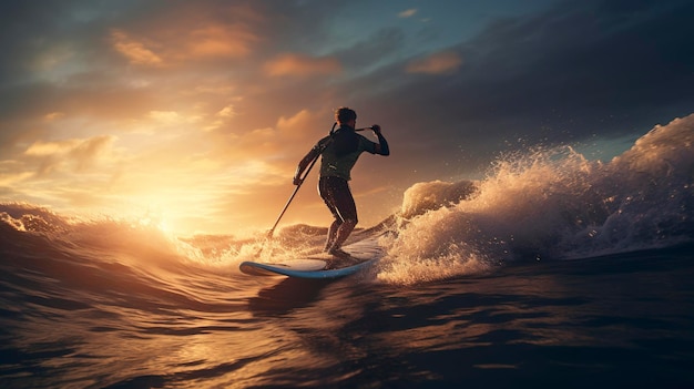 A Photo of a Stand Up Paddleboarder Riding a Wave