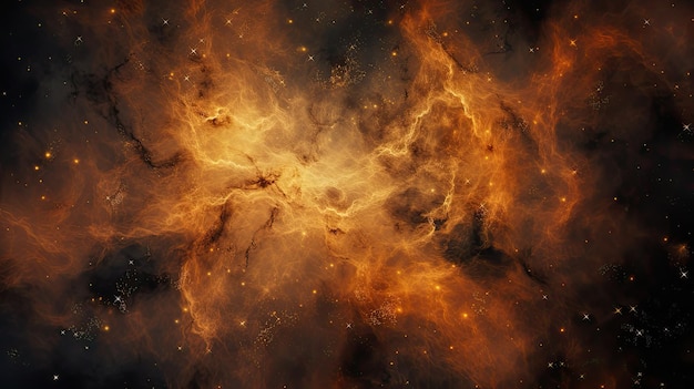 A photo of a star cluster with a backdrop of swirling gas clouds vibrant yellows and oranges