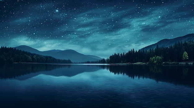 A photo of a starry night sky over a serene lake