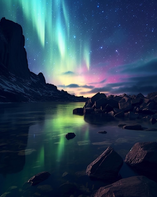 A photo of a starry sky with the aurora borealis above it.