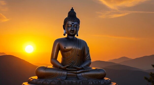 Photo a statue of a buddha sits in front of a sunset