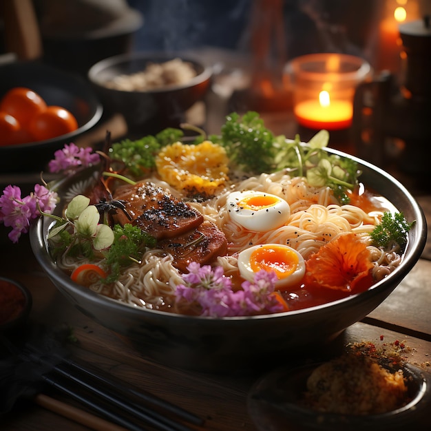 Photo photo of a steaming bowl of ramen with colorful toppings photorealistic photographed cinematic