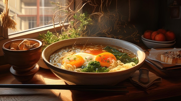 a photo of a steaming bowl of ramen wooden counter soft overhead light