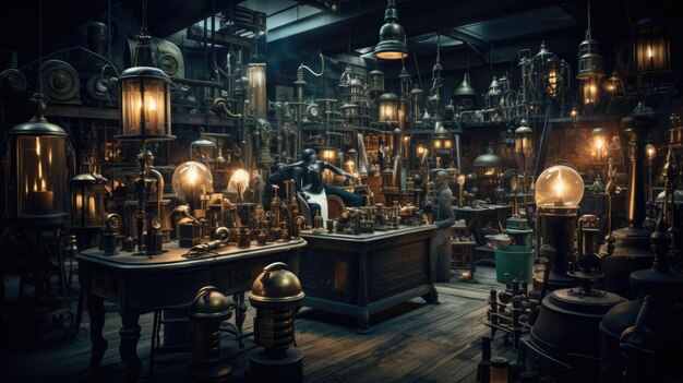 A photo of a steampunk bar exposed brick walls